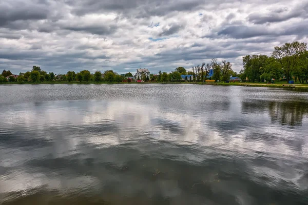 Pond and shoreline with trees and buildings on cloudy day.