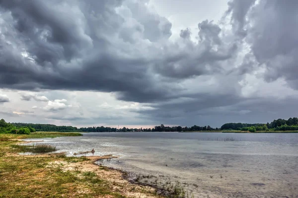 Nuvole Tempesta Sul Lago Litorale Con Erba Alberi — Foto Stock