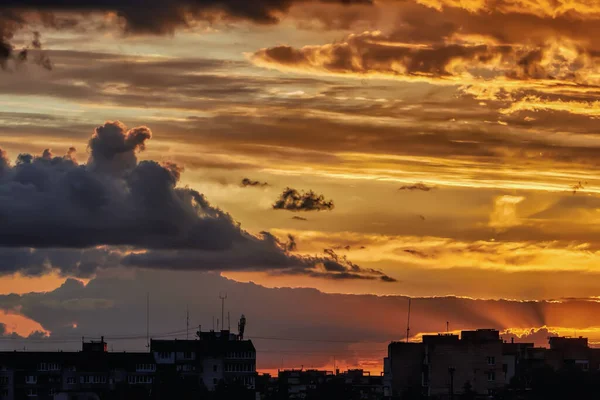 Silhouettes City Houses Sky Background Clouds Sunset — Stock Photo, Image