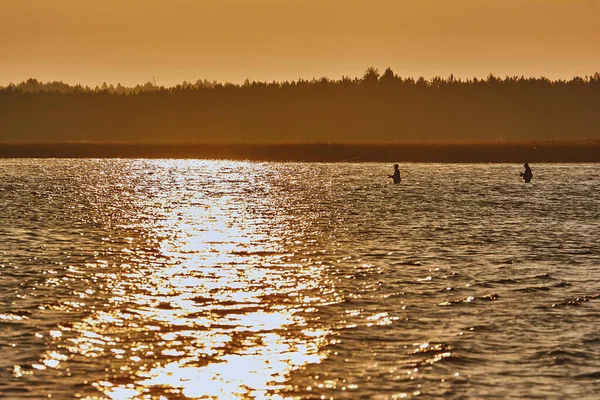 Sunrise Lake Fisherman Standing Water Catch Fish — Stock Photo, Image