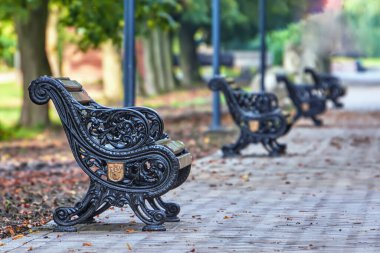 Parkta kaldırım taşları ve bankları olan bir sokak parçası..
