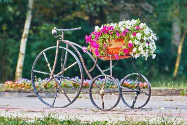 Parktaki çiçek yatağı eski bir bisiklet gibi stilize edilmiştir..