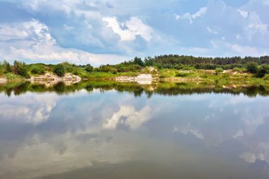 Bulutlu bir günde çalılar ve çimlerle kaplı nehir kıyısında. Fırtına bulutları suya yansıyor..