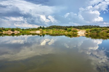 Bulutlu bir günde çalılar ve çimlerle kaplı nehir kıyısında. Fırtına bulutları suya yansıyor..