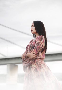 Poz elbiseli genç kadının portresi