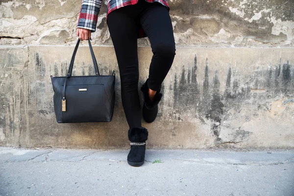 Woman Wearing Black Boots Close — Stock Photo, Image