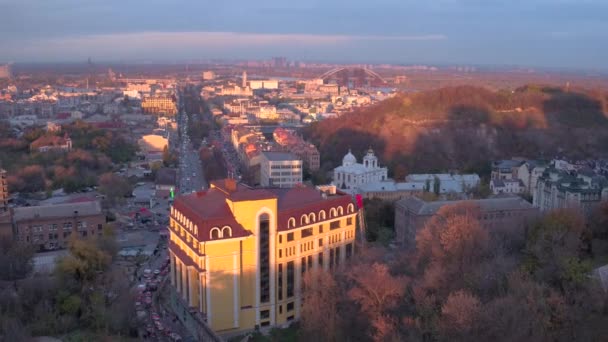 Aerial Shooting Kiev City Evening Andrew Church Autumn Ukraine — Stock Video