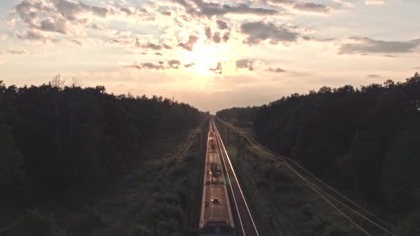 Aerial Shooting Train Forest Road European Landscape Beautiful Cloudy Sunset — Stock Video