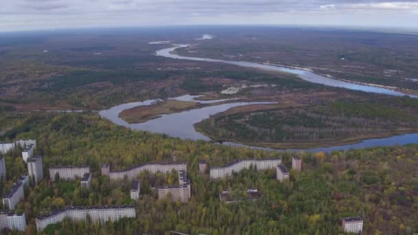 Vista Aérea Pripyat Ciudad Fantasma Norte Ucrania Después Catástrofe Chernóbil — Vídeo de stock