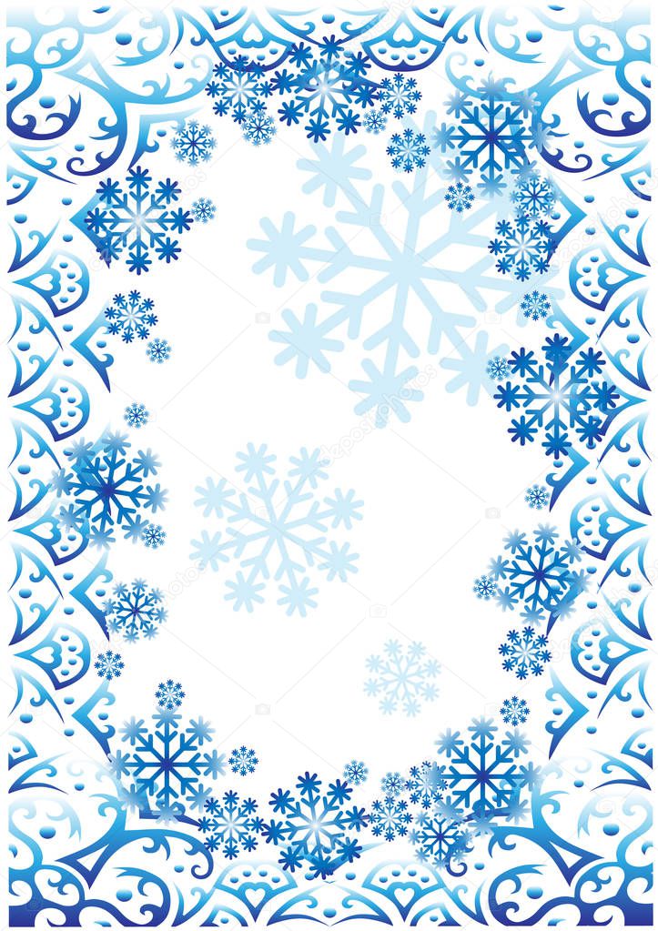 Blue winter frame with ornament and snowflakes on white background