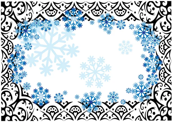 Schwarzer Winterrahmen Mit Ornament Und Schneeflocken Auf Weißem Hintergrund — Stockvektor