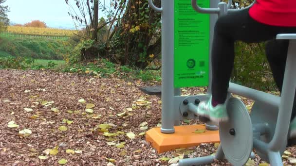 Entrenador Ciclismo Bosque Otoño Chica Entrena Aire Libre — Vídeo de stock