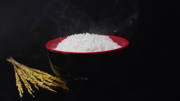 Рисова Чашка Димом Чорному Ізольованому Фоні — стокове відео