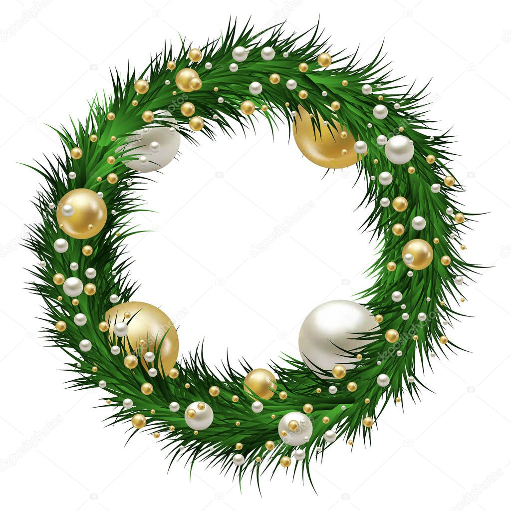 New Year's wreath with balls. Christmas background. Postcard