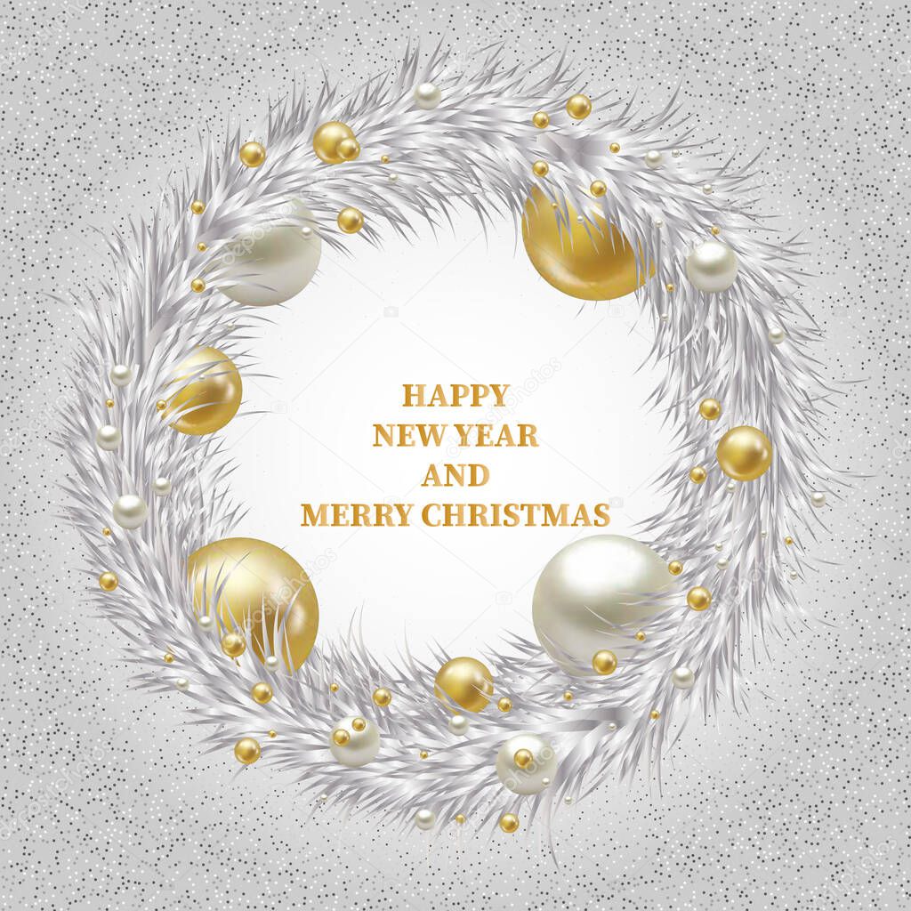 A festive wreath of Christmas pine twigs. Silver and gold balls. Vector realistic illustration on white background. Decoration for new year.