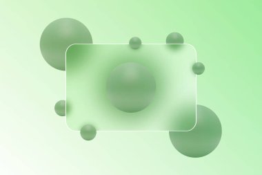 Taze yeşil arka planda yüzen elementlerle minimalist tasarım.