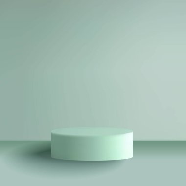 Monokrom stüdyo arka planında sunum için modern silindirik stand.