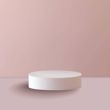 Pastel-pembe arka planda ürün gösterimi için minimalist bir beyaz podyum.