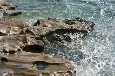 Limassol, Kıbrıs'ta bir plajda büyük kahverengi buzlu sıçramasına deniz suyu