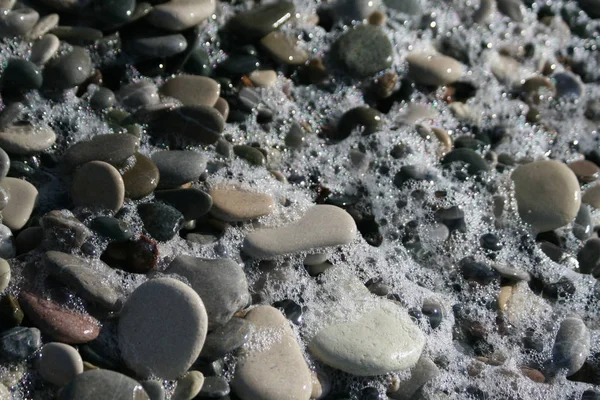 Bílé Mořské Pěny Mokré Oblázky Různých Tvarů Velikostí Barev Textur — Stock fotografie