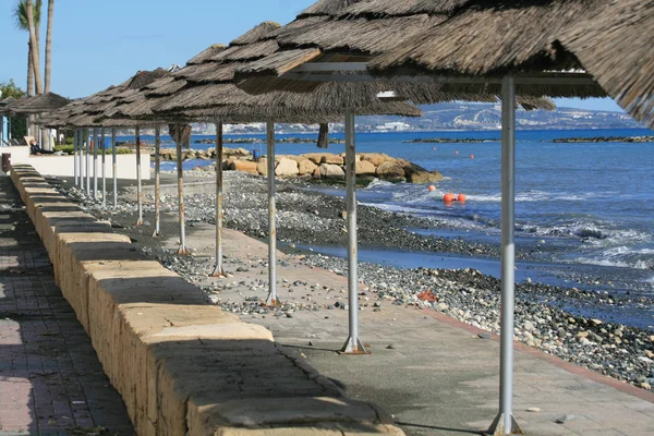 Empty Limassol Beach Row Straw Sun Umbrellas Sunny Winter Day — Stock Photo, Image