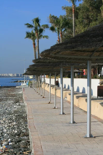 Row Straw Beach Umbrellas Empty Stone Sidewalk Sea Sunny Morning — Stock Photo, Image