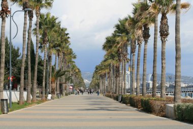 Limasol, Kıbrıs, 22 Şubat 2019: İnsanların yürüme Molos Gezinti görünümü