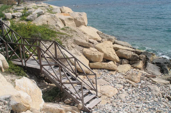 Holztreppe Felsigen Strand Von Limassol Frühling — Stockfoto