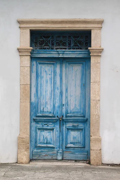 Blue Wooden Vintage Front Door Metal Lattice Marble Doorway — Stock Photo, Image