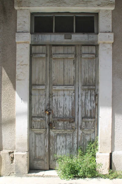 Old Vintage Blue Wooden Front Door Wildflowers Doorstep Sunny Day — Stock Photo, Image