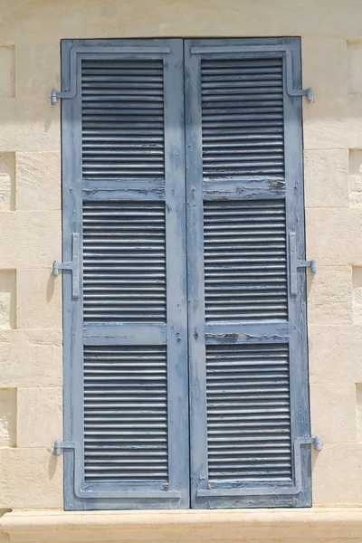 Close House Window Old Fashioned Blue Wooden Shutters White Stone — Stock Photo, Image