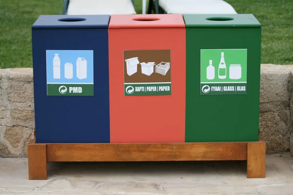 Three Colorful Recycle Waste Bins Seaside Footpath Paphos Cyprus — Stock Photo, Image