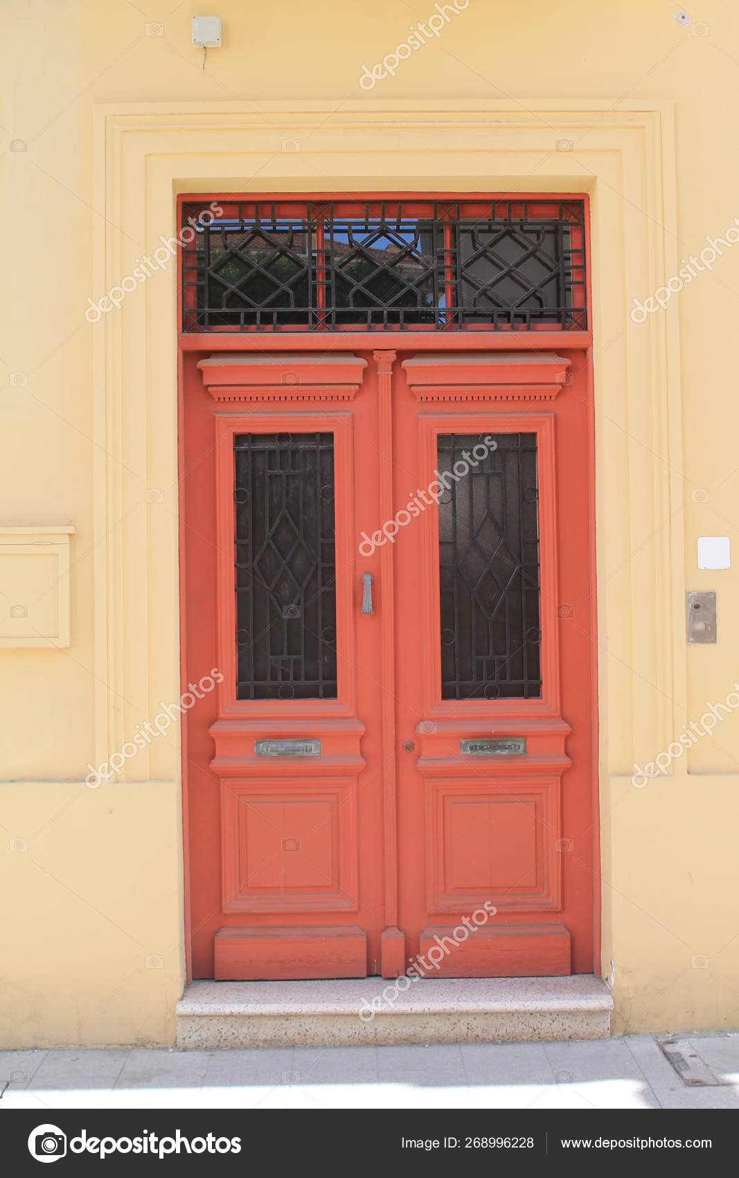 Retro Style Red Front Door Glass Panels Metal Grates Yellow