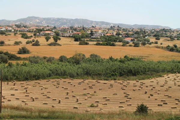 Vista Panorámica Campo Agrícola Lleno Fardos Paja Frente Pueblo Las — Foto de Stock