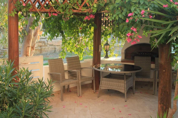 Barbekü ve veranda mobilyaları ile barbekü çardağı yeşil yaprakları ve ayar güneşi ışığında pembe çiçekler arasında set