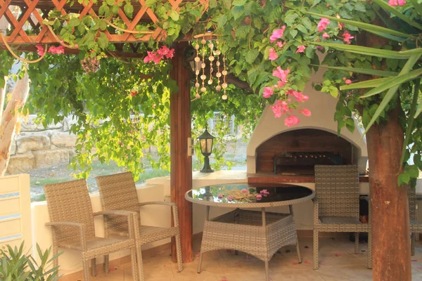 Barbekü ve veranda mobilyaları ile barbekü çardağı yeşil yaprakları ve ayar güneşi ışığında pembe çiçekler arasında set