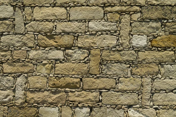 Część Starej Ściany Cegły Zewnętrznej Naturalnych Kamieni Różnych Rozmiarach Świetle — Zdjęcie stockowe