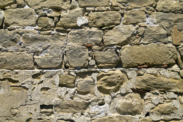 Närbild Gammal Exteriör Naturlig Tegel Stenmur Med Cement Solljus — Stockfoto