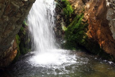 Small waterfall between wet moss covered rocks on a sunny day in a mountain forest