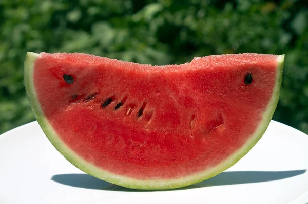 Close Red Watermelon Slice White Plate Sunlight Green Background — Stock Photo, Image