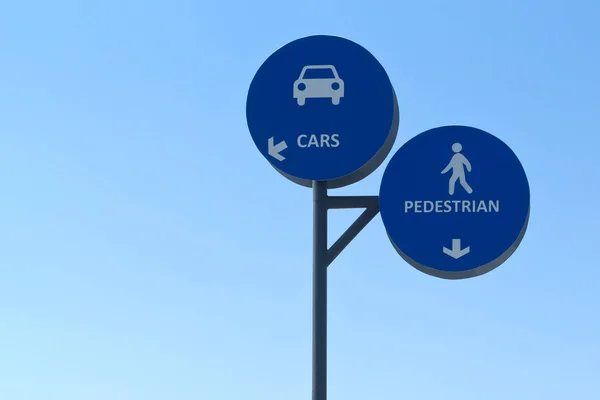 Two Blue Circular Mandatory Road Signs Cars Pedestrians Front Light — Stock Photo, Image