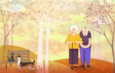 Sonbaharda büyükbabam ve büyükbabam bir köpekle parktalar.