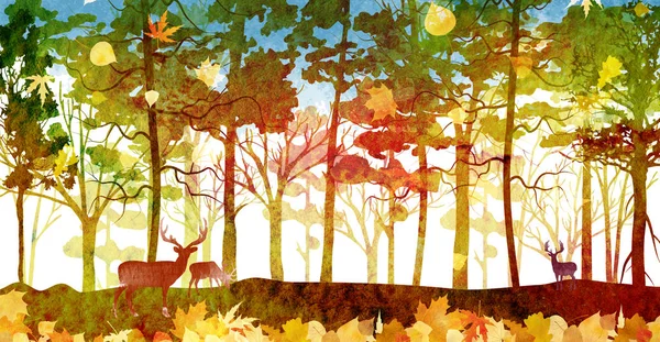 Осенний Лесной Пейзаж Оленями — стоковое фото