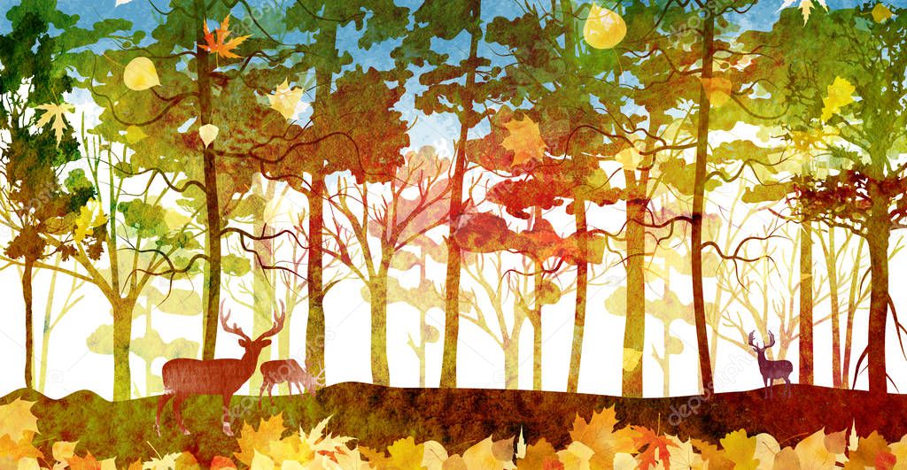 autumn forest landscape with deer