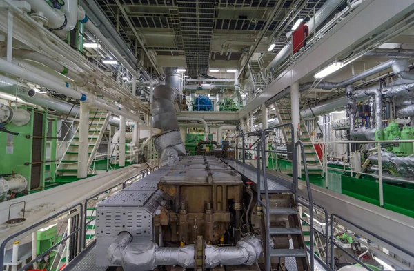 Mechanical machinery in the engine room of a ship