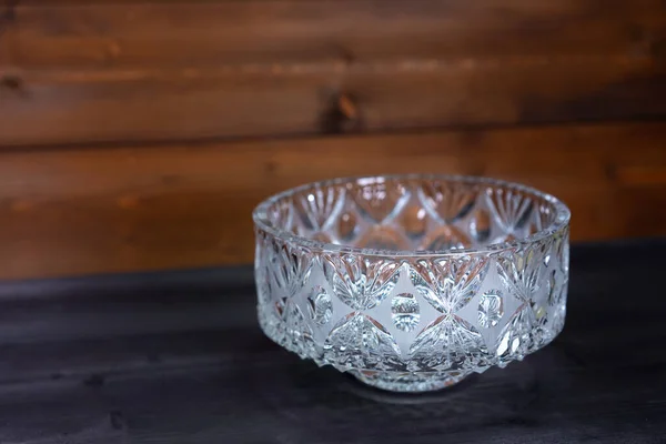 Crystal Bowl Wooden Background — Stock Photo, Image