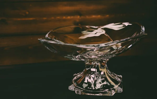 Crystal Bowl Wooden Background — Stock Photo, Image