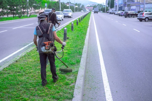 Gente Con Una Máscara Protectora Corta Hierba Con Una Cortadora — Foto de Stock