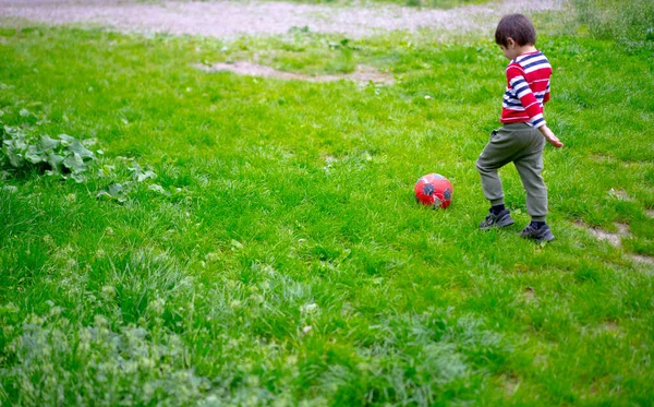 Küçük Çocuk Çimenlerde Top Oynuyor — Stok fotoğraf