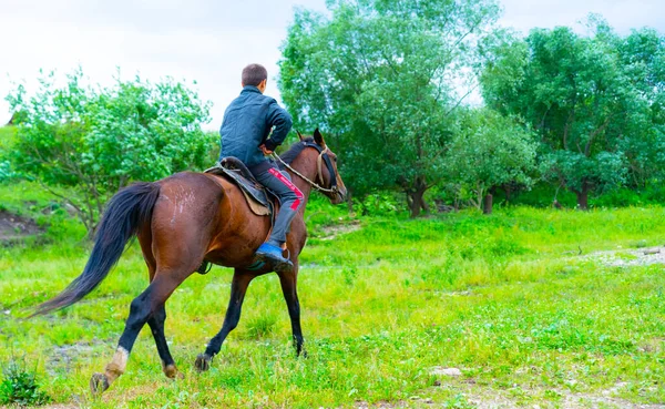 Menino Cavalga Chão Montando Cavalo — Fotografia de Stock